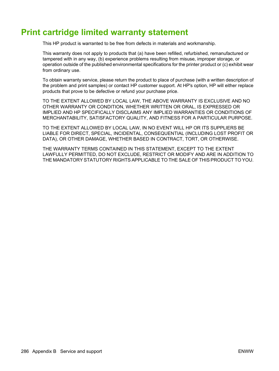 Print cartridge limited warranty statement | HP Color LaserJet CM6030CM6040 Multifunction Printer series User Manual | Page 302 / 338
