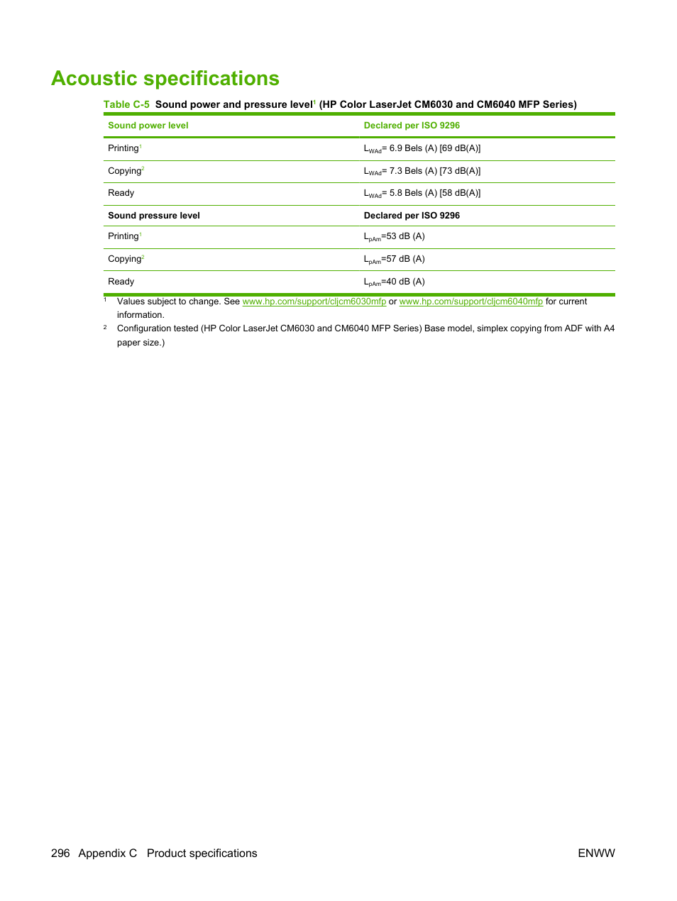 Acoustic specifications, 296 appendix c product specifications enww | HP Color LaserJet CM6030CM6040 Multifunction Printer series User Manual | Page 312 / 338