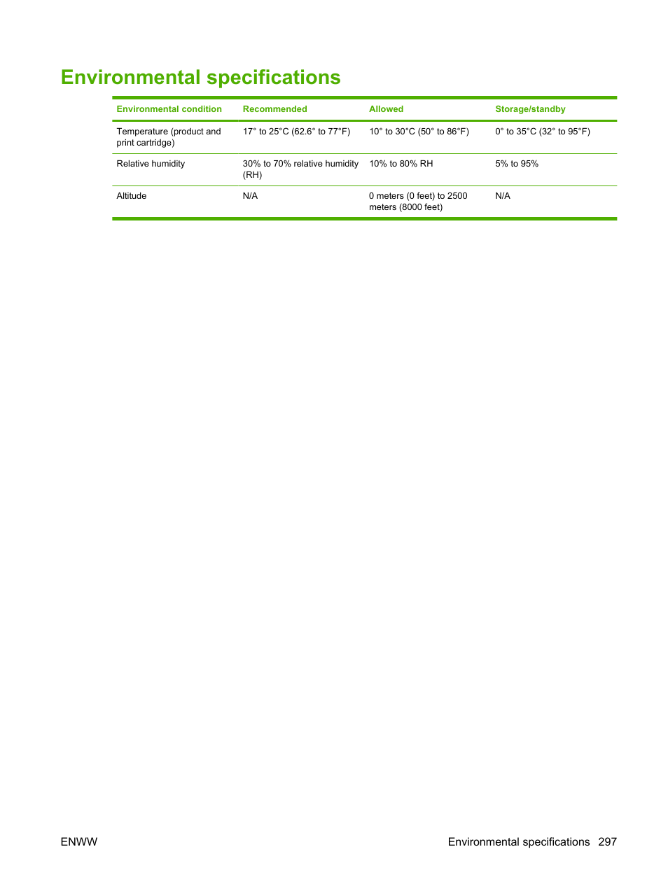 Environmental specifications | HP Color LaserJet CM6030CM6040 Multifunction Printer series User Manual | Page 313 / 338