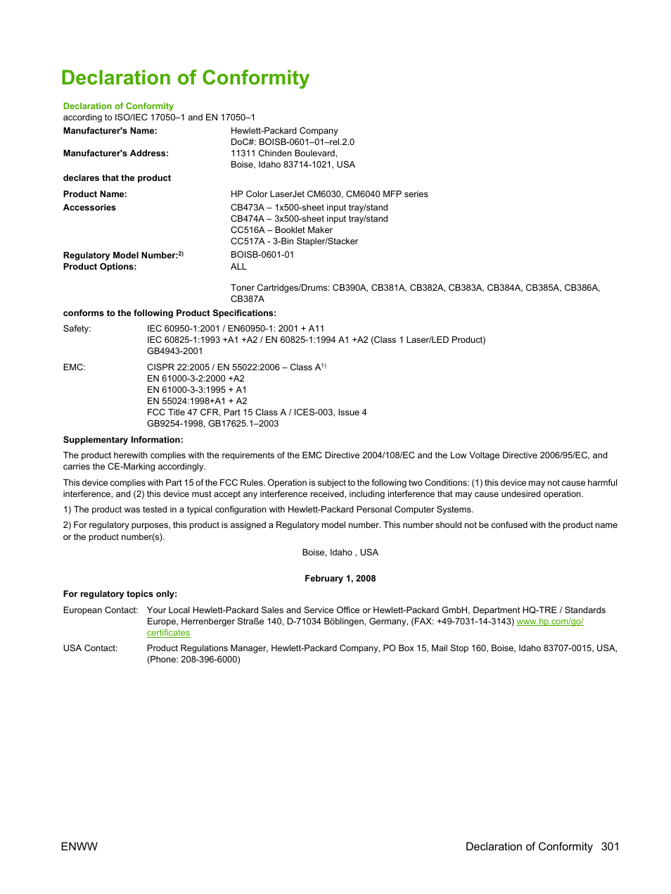 Declaration of conformity, Enww declaration of conformity 301 | HP Color LaserJet CM6030CM6040 Multifunction Printer series User Manual | Page 317 / 338