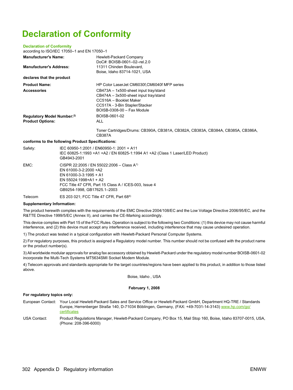 Declaration of conformity, 302 appendix d regulatory information enww | HP Color LaserJet CM6030CM6040 Multifunction Printer series User Manual | Page 318 / 338