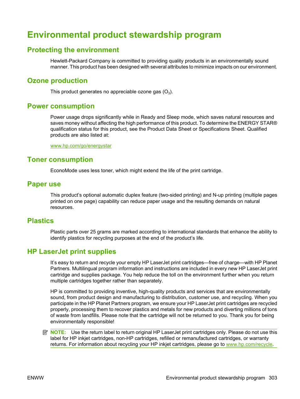 Environmental product stewardship program, Protecting the environment, Ozone production | Power consumption, Toner consumption, Paper use, Plastics, Hp laserjet print supplies, Protecting the environment ozone production | HP Color LaserJet CM6030CM6040 Multifunction Printer series User Manual | Page 319 / 338