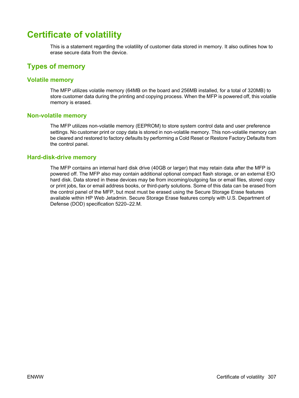Certificate of volatility, Types of memory, Volatile memory | Non-volatile memory, Hard-disk-drive memory | HP Color LaserJet CM6030CM6040 Multifunction Printer series User Manual | Page 323 / 338