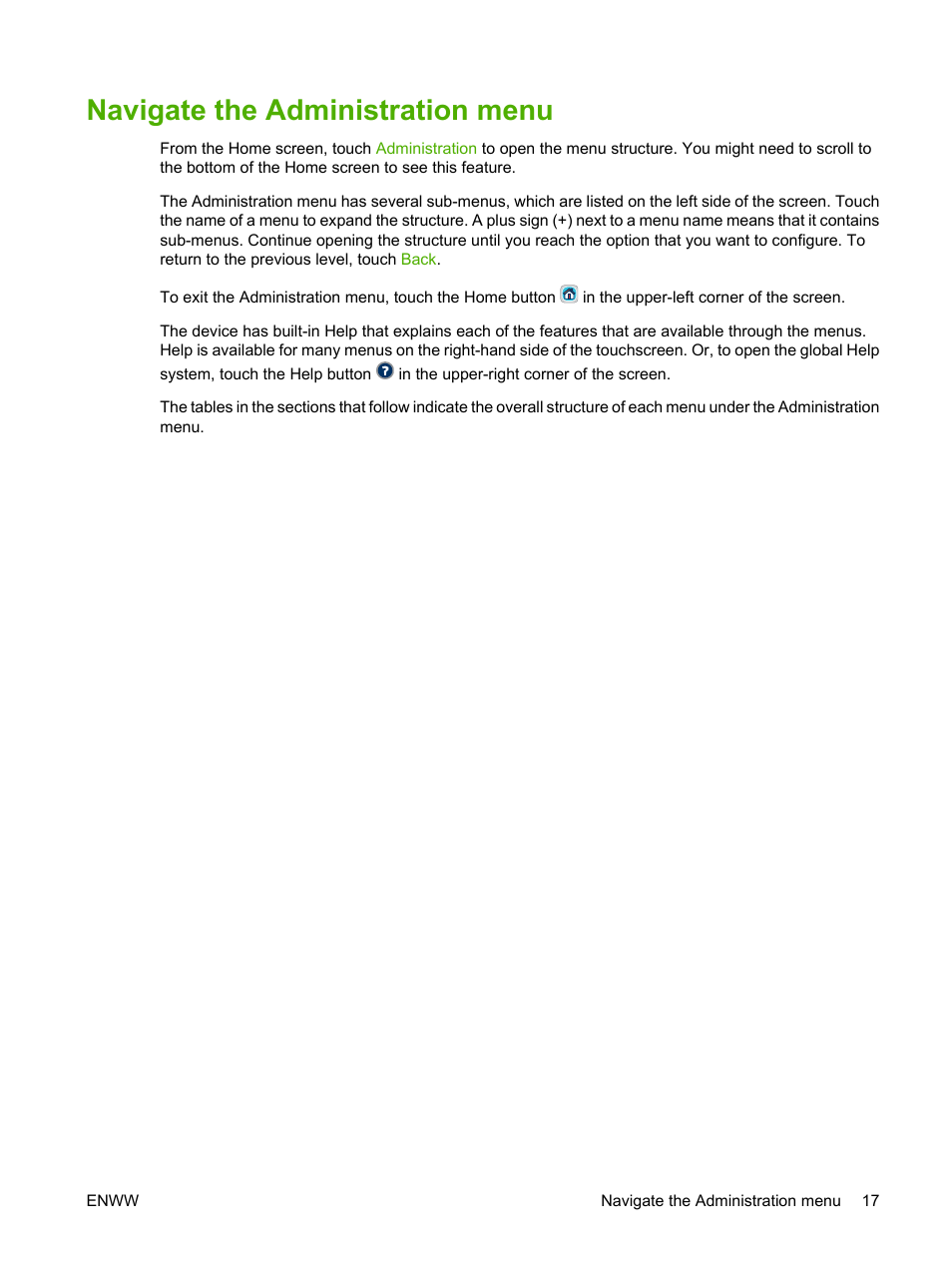 Navigate the administration menu | HP Color LaserJet CM6030CM6040 Multifunction Printer series User Manual | Page 33 / 338