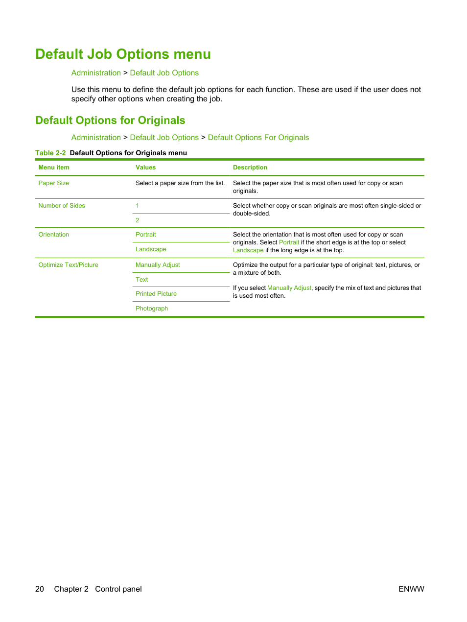 Default job options menu, Default options for originals | HP Color LaserJet CM6030CM6040 Multifunction Printer series User Manual | Page 36 / 338
