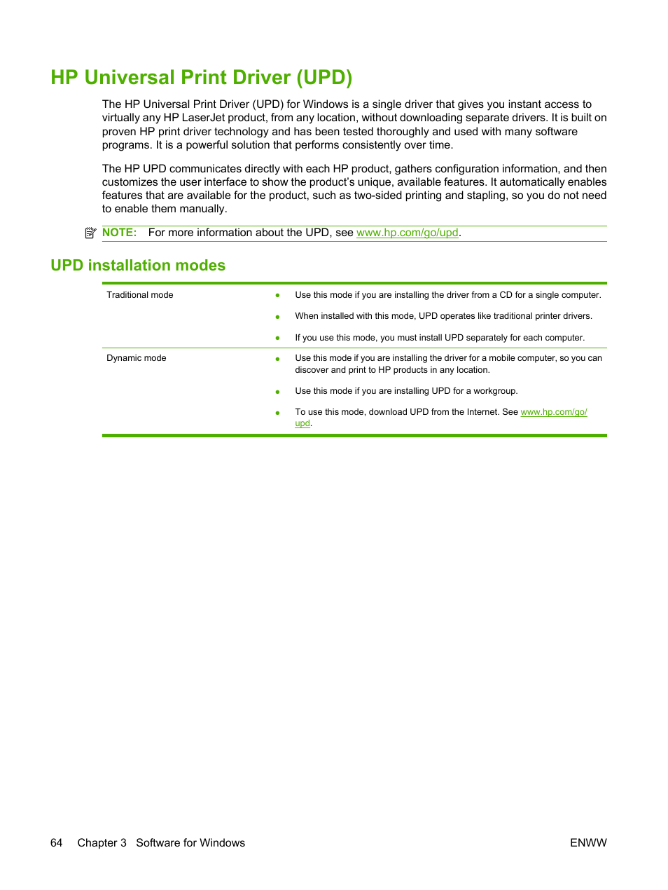 Hp universal print driver (upd), Upd installation modes | HP Color LaserJet CM6030CM6040 Multifunction Printer series User Manual | Page 80 / 338