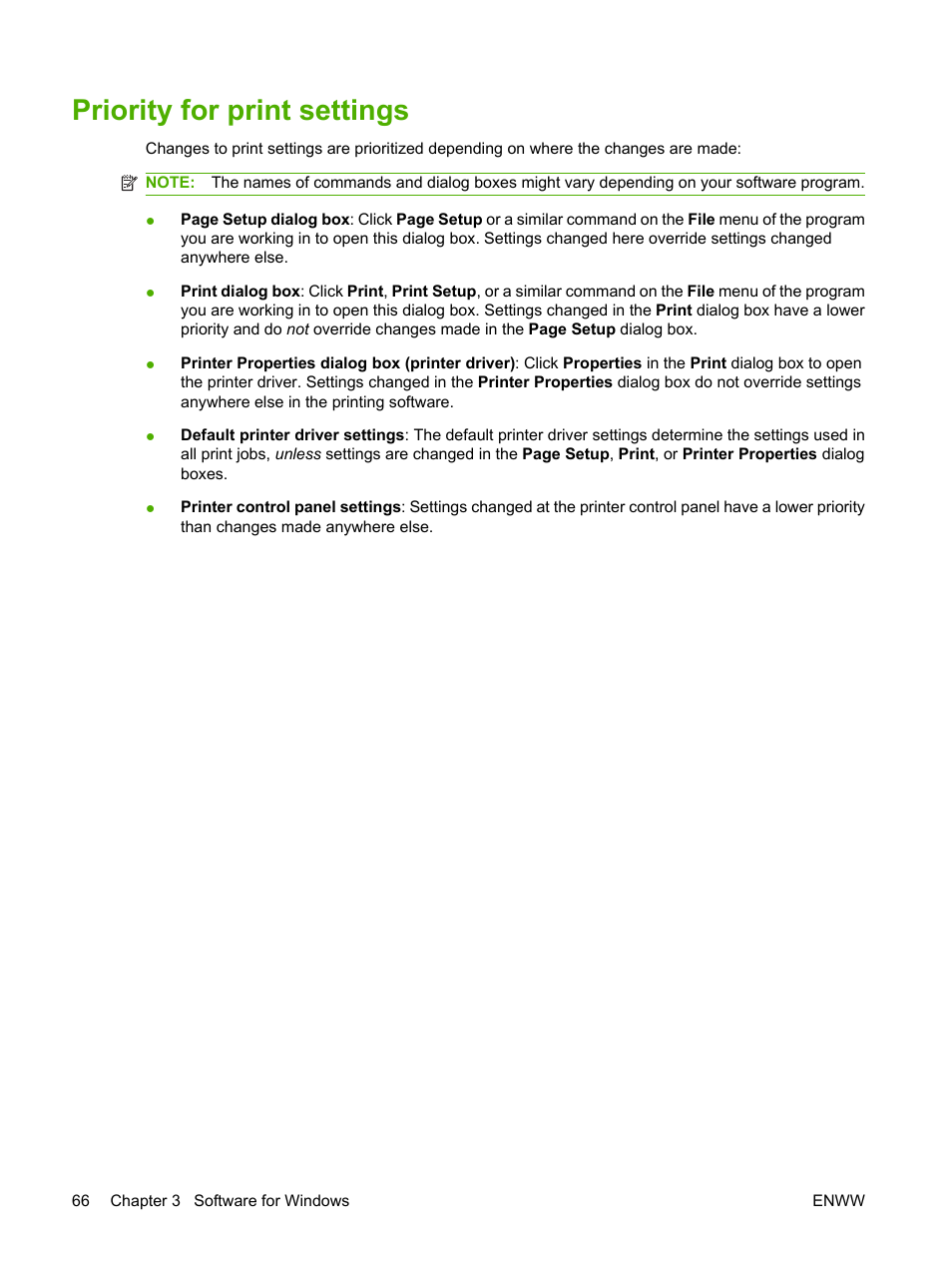 Priority for print settings | HP Color LaserJet CM6030CM6040 Multifunction Printer series User Manual | Page 82 / 338