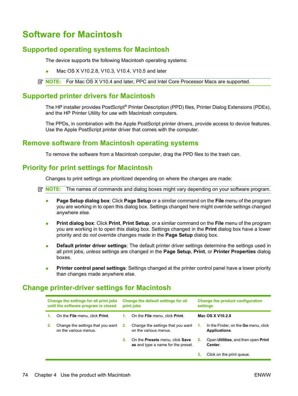 Software for macintosh, Supported operating systems for macintosh, Supported printer drivers for macintosh | Remove software from macintosh operating systems, Priority for print settings for macintosh, Change printer-driver settings for macintosh | HP Color LaserJet CM6030CM6040 Multifunction Printer series User Manual | Page 90 / 338