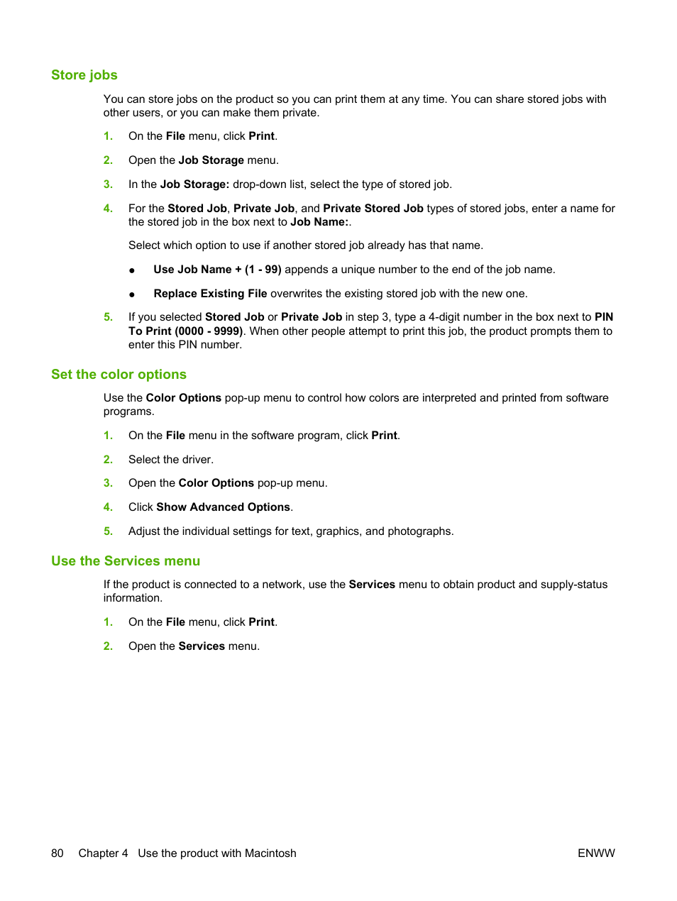 Store jobs, Set the color options, Use the services menu | HP Color LaserJet CM6030CM6040 Multifunction Printer series User Manual | Page 96 / 338