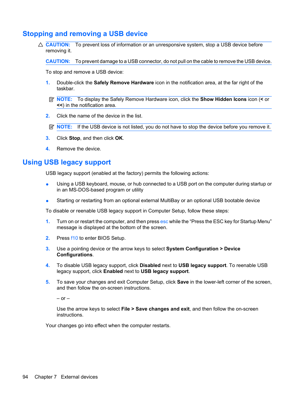 Stopping and removing a usb device, Using usb legacy support | HP ProBook 6555b Notebook-PC User Manual | Page 104 / 175