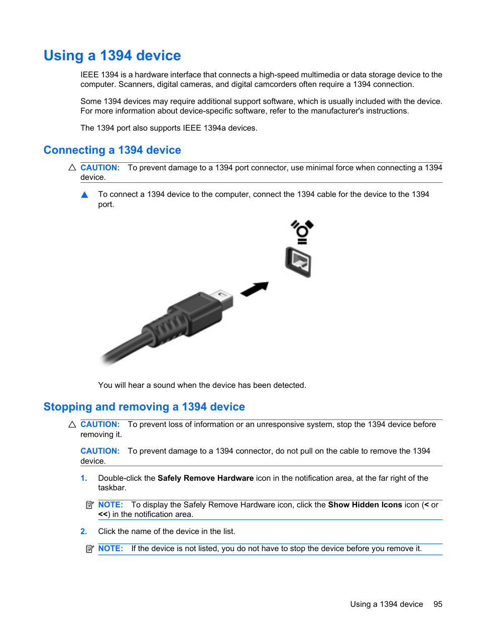 Using a 1394 device, Connecting a 1394 device, Stopping and removing a 1394 device | HP ProBook 6555b Notebook-PC User Manual | Page 105 / 175