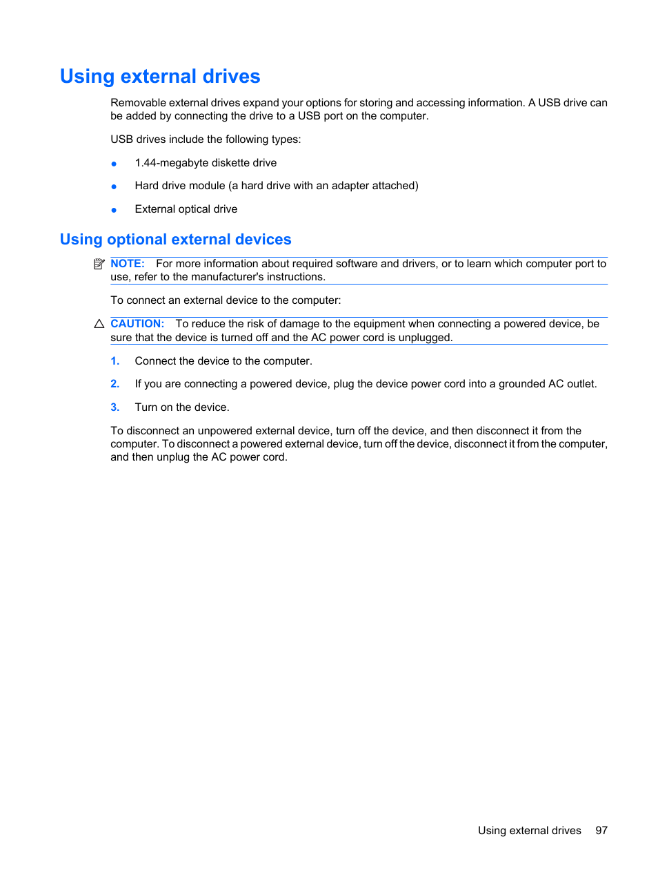 Using external drives, Using optional external devices | HP ProBook 6555b Notebook-PC User Manual | Page 107 / 175