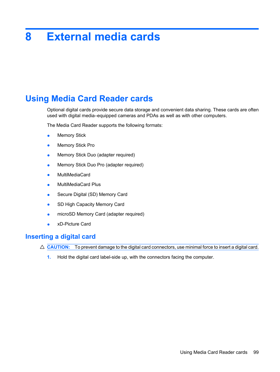 External media cards, Using media card reader cards, Inserting a digital card | 8 external media cards, 8external media cards | HP ProBook 6555b Notebook-PC User Manual | Page 109 / 175