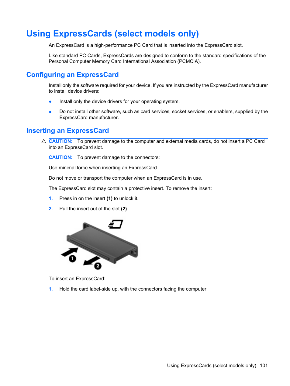 Using expresscards (select models only), Configuring an expresscard, Inserting an expresscard | HP ProBook 6555b Notebook-PC User Manual | Page 111 / 175