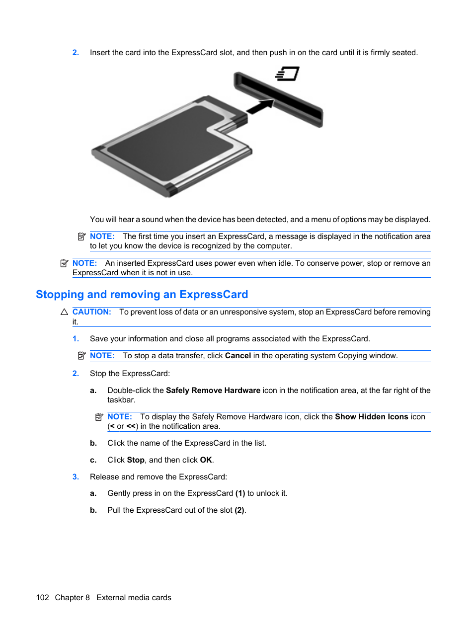 Stopping and removing an expresscard | HP ProBook 6555b Notebook-PC User Manual | Page 112 / 175