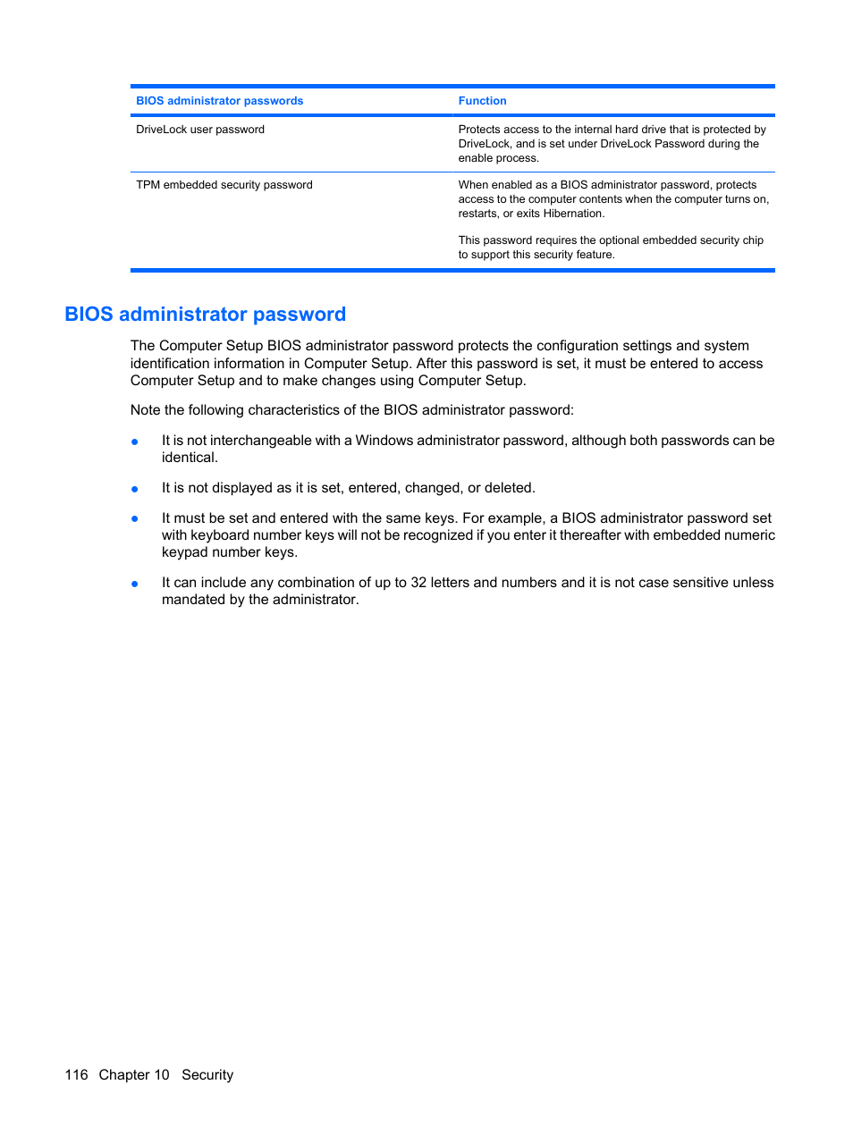 Bios administrator password | HP ProBook 6555b Notebook-PC User Manual | Page 126 / 175