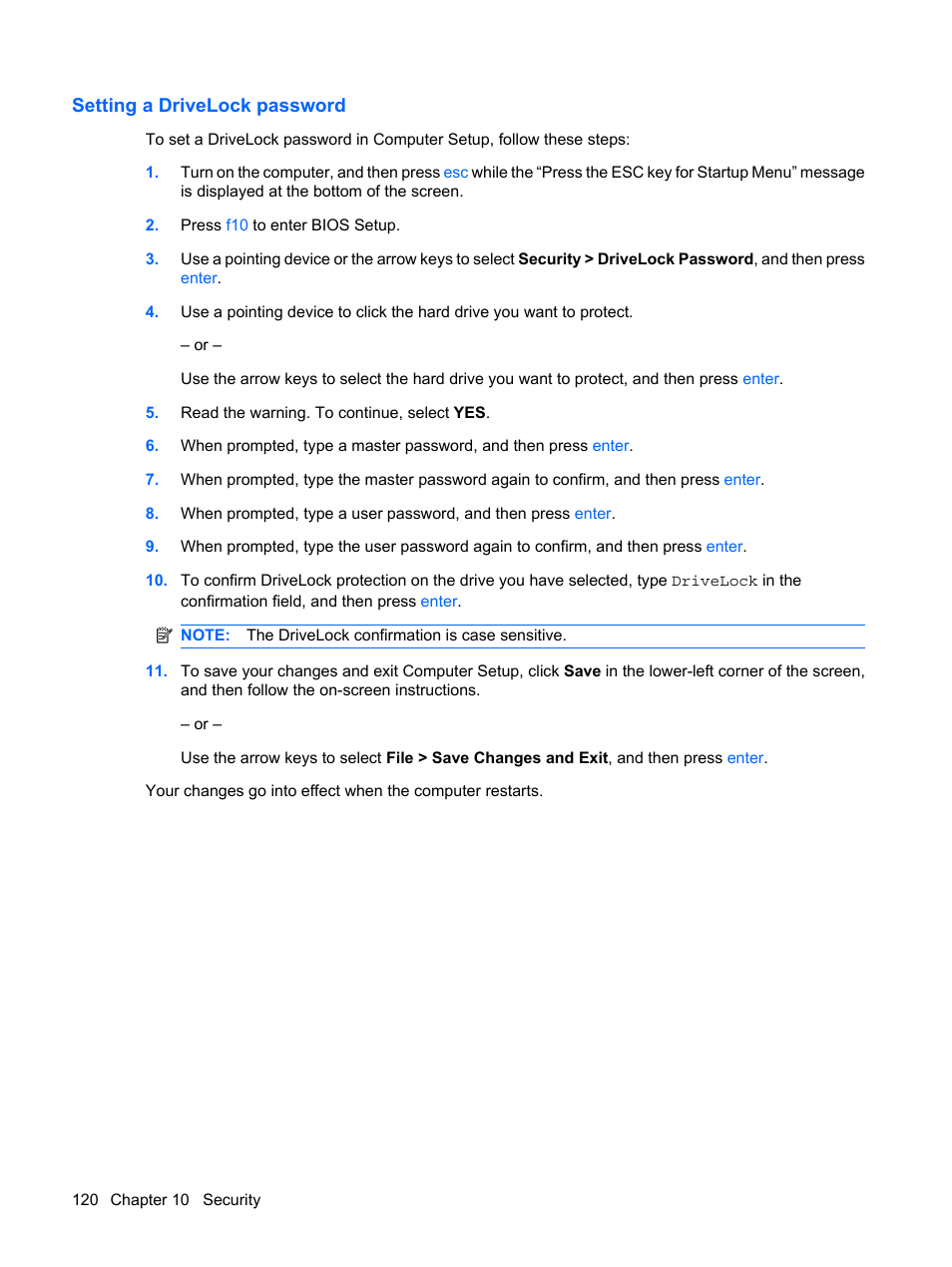 Setting a drivelock password | HP ProBook 6555b Notebook-PC User Manual | Page 130 / 175