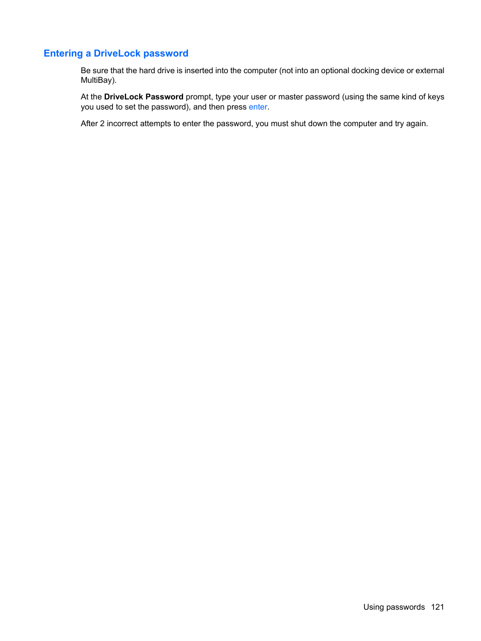 Entering a drivelock password | HP ProBook 6555b Notebook-PC User Manual | Page 131 / 175