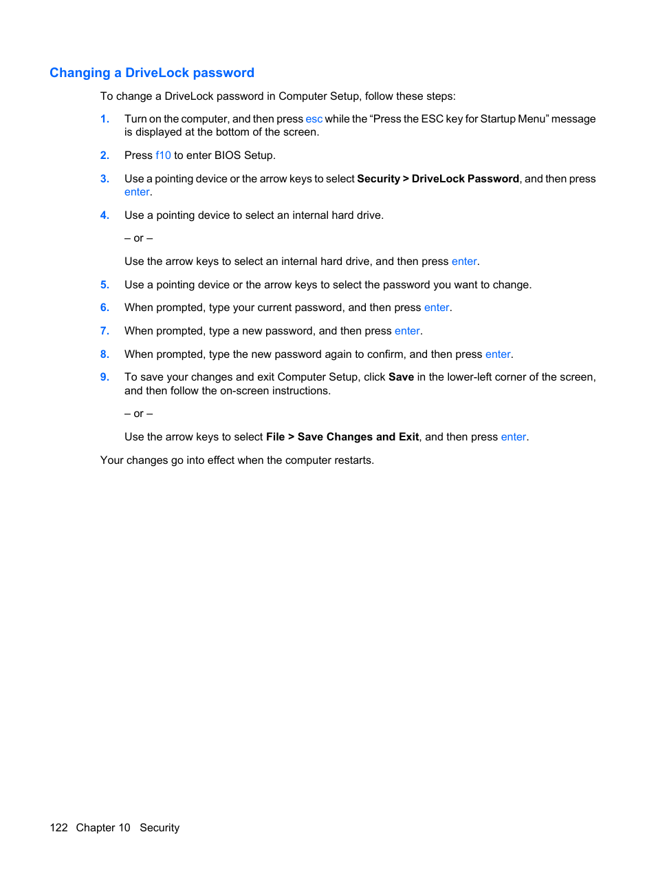 Changing a drivelock password | HP ProBook 6555b Notebook-PC User Manual | Page 132 / 175