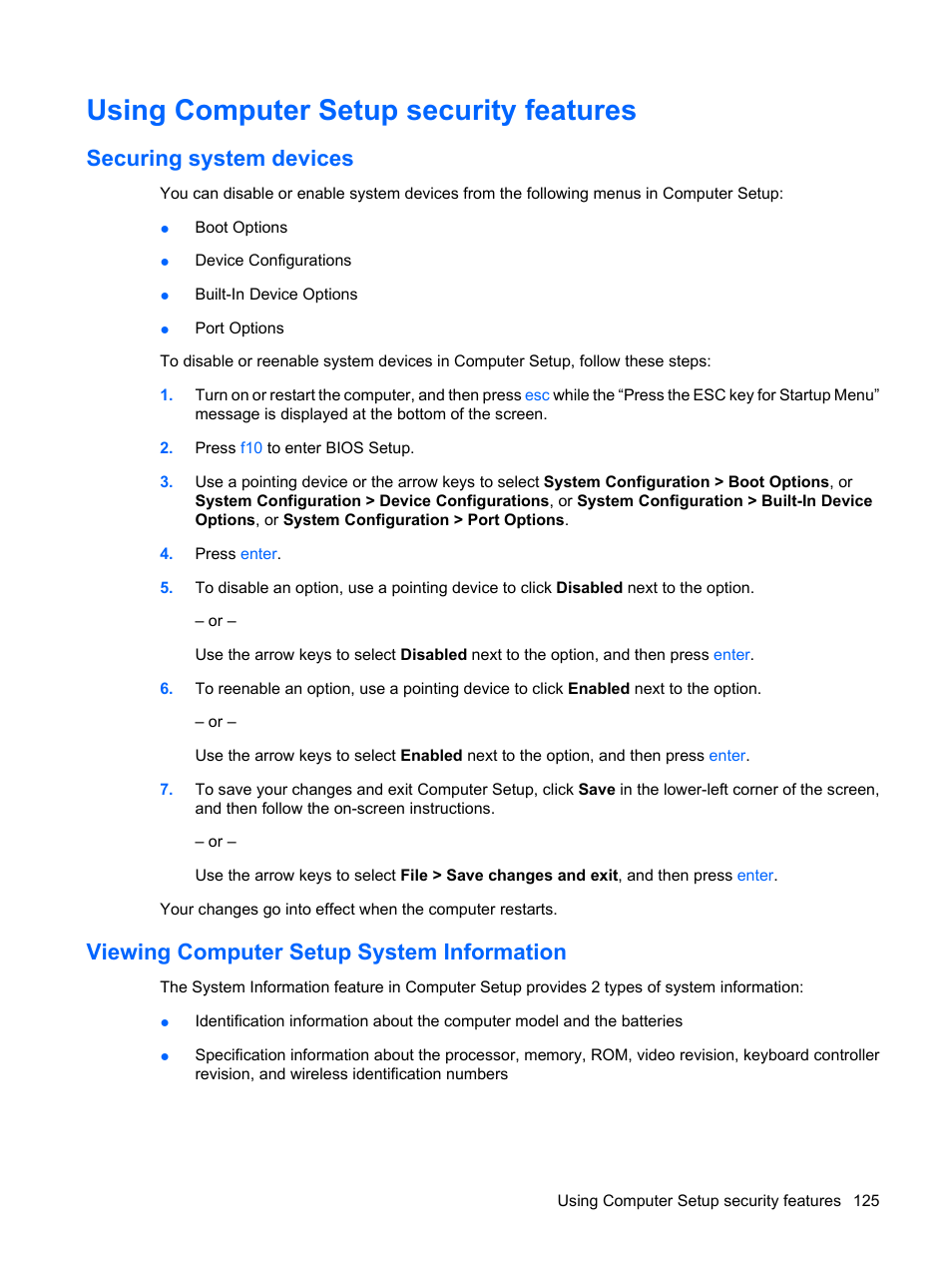 Using computer setup security features, Securing system devices, Viewing computer setup system information | HP ProBook 6555b Notebook-PC User Manual | Page 135 / 175