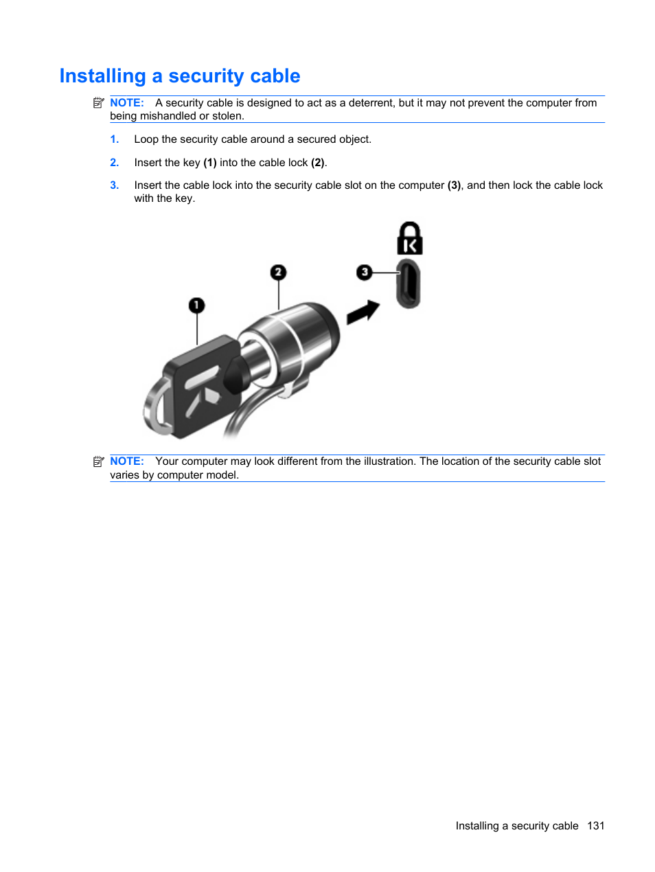 Installing a security cable | HP ProBook 6555b Notebook-PC User Manual | Page 141 / 175