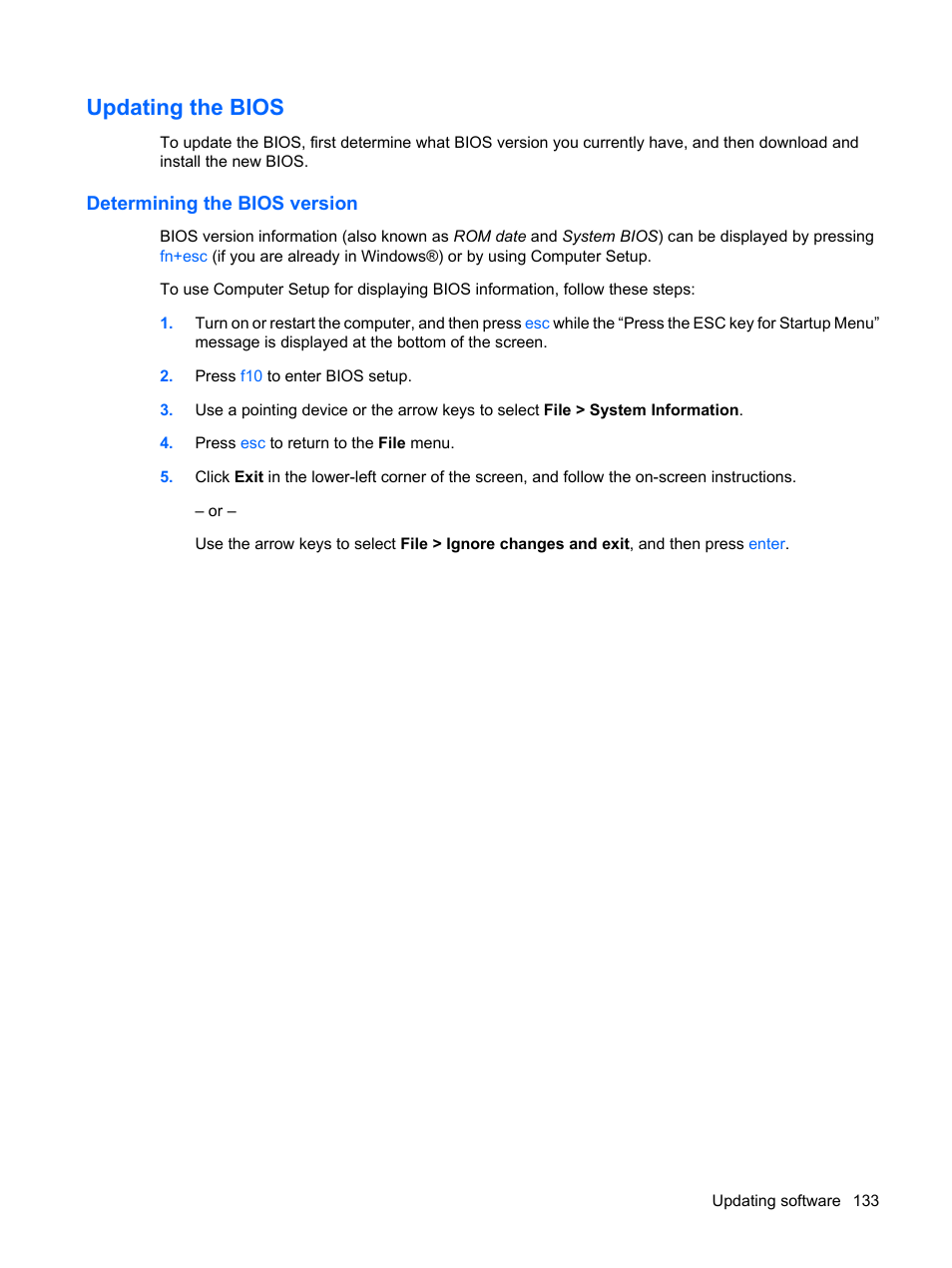 Updating the bios, Determining the bios version | HP ProBook 6555b Notebook-PC User Manual | Page 143 / 175