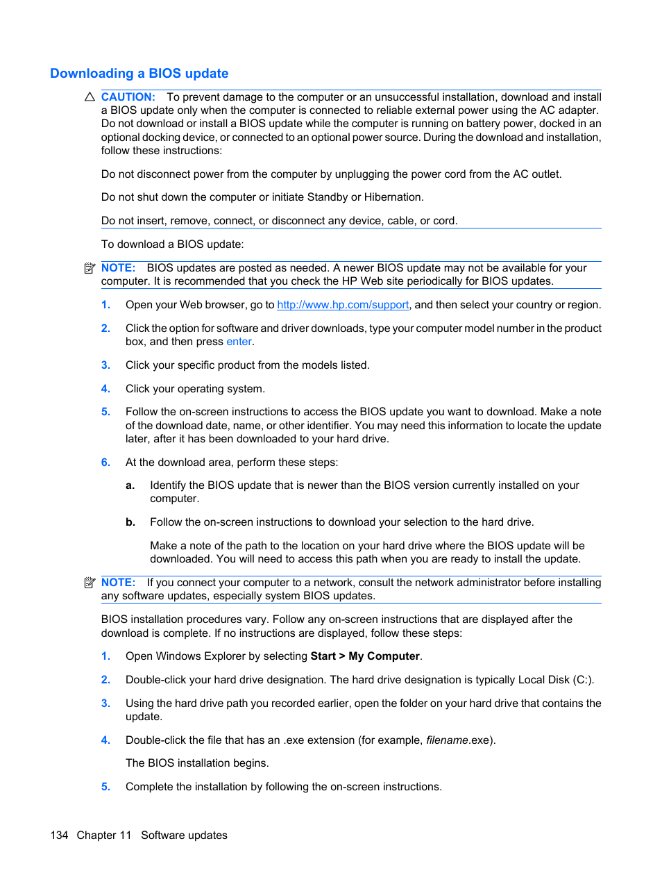 Downloading a bios update | HP ProBook 6555b Notebook-PC User Manual | Page 144 / 175