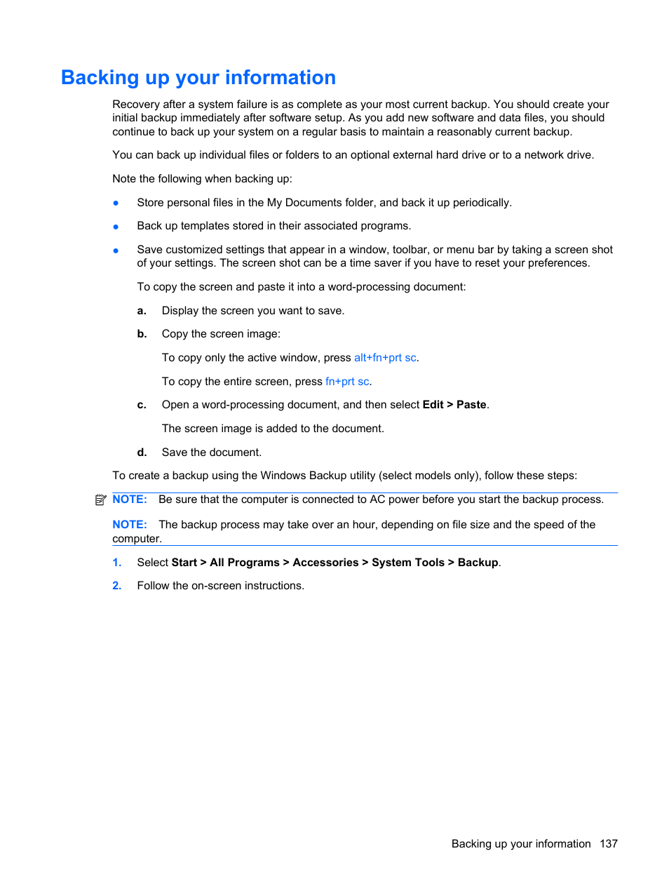 Backing up your information | HP ProBook 6555b Notebook-PC User Manual | Page 147 / 175