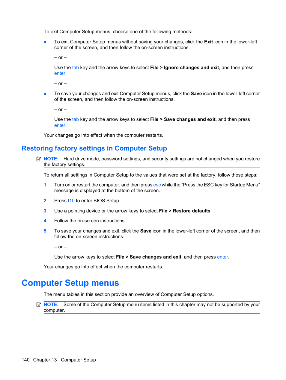 Restoring factory settings in computer setup, Computer setup menus | HP ProBook 6555b Notebook-PC User Manual | Page 150 / 175