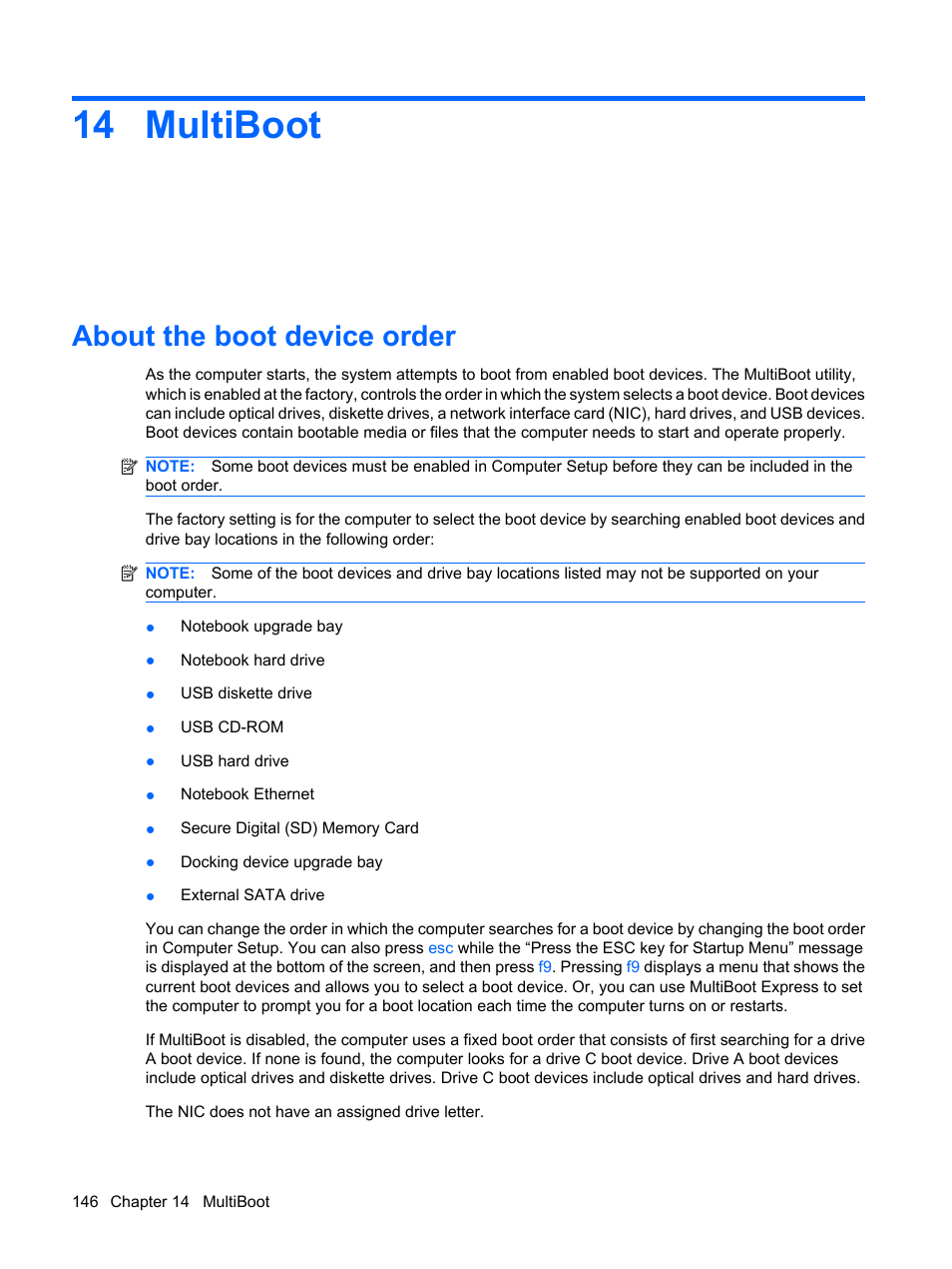 Multiboot, About the boot device order, 14 multiboot | HP ProBook 6555b Notebook-PC User Manual | Page 156 / 175