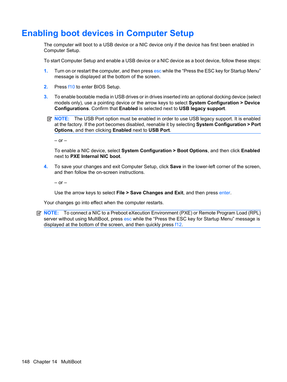 Enabling boot devices in computer setup | HP ProBook 6555b Notebook-PC User Manual | Page 158 / 175