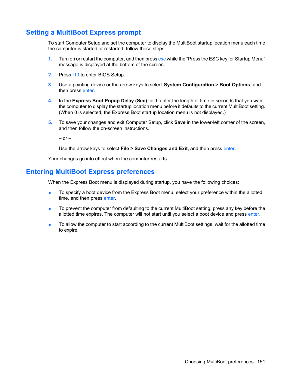 Setting a multiboot express prompt, Entering multiboot express preferences | HP ProBook 6555b Notebook-PC User Manual | Page 161 / 175