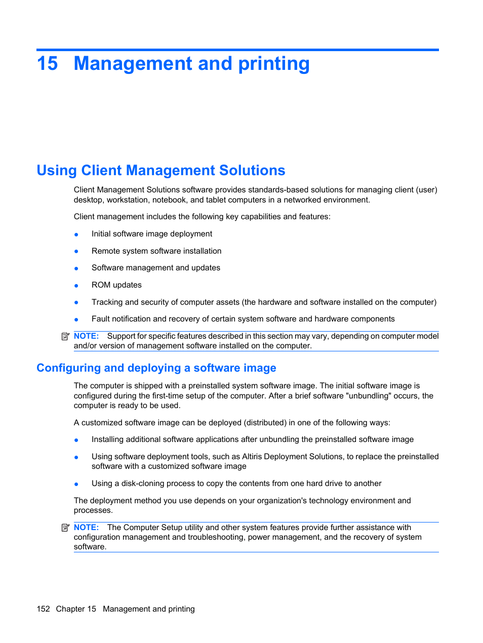 Management and printing, Using client management solutions, Configuring and deploying a software image | 15 management and printing | HP ProBook 6555b Notebook-PC User Manual | Page 162 / 175