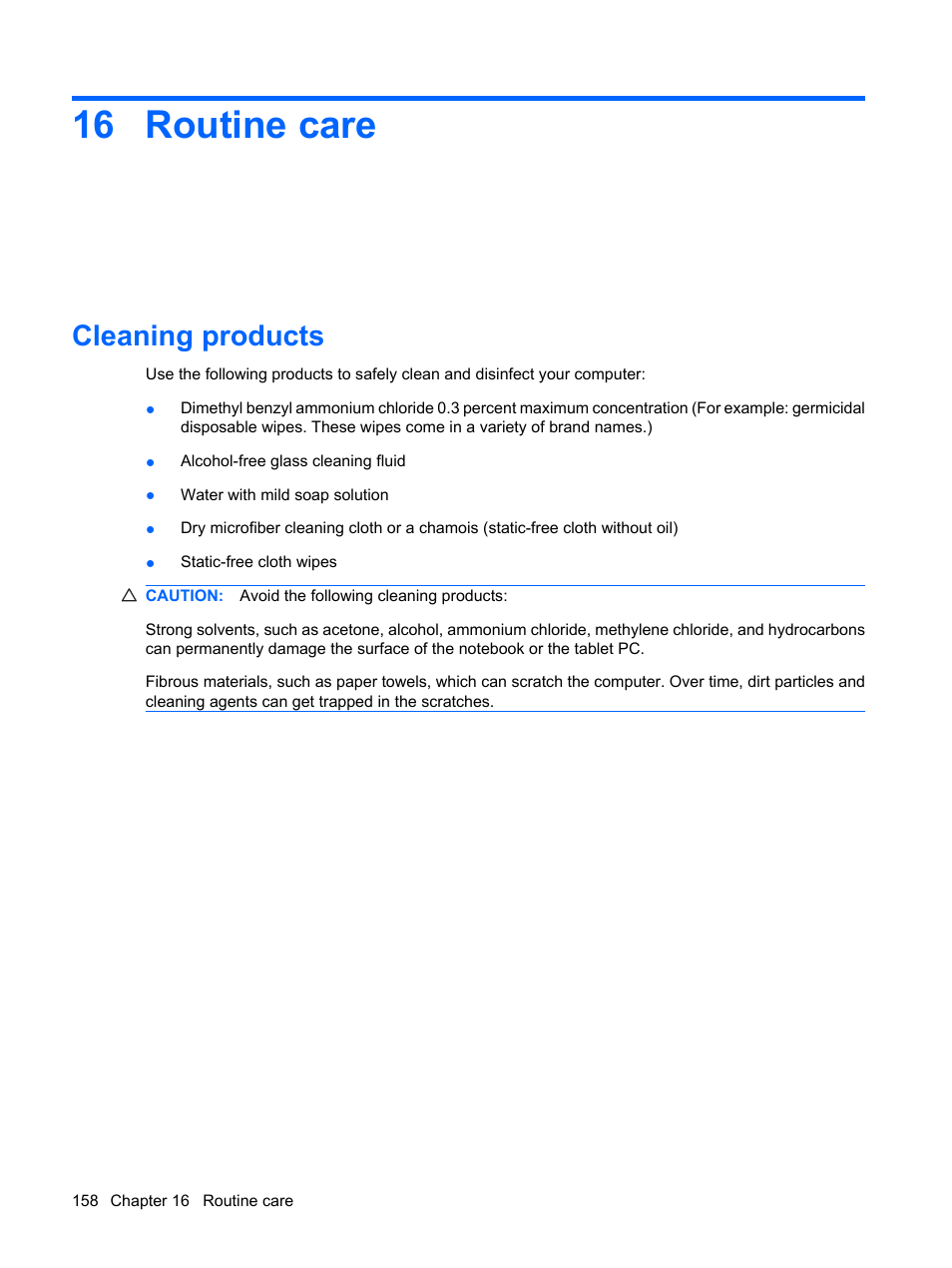 Routine care, Cleaning products, 16 routine care | HP ProBook 6555b Notebook-PC User Manual | Page 168 / 175