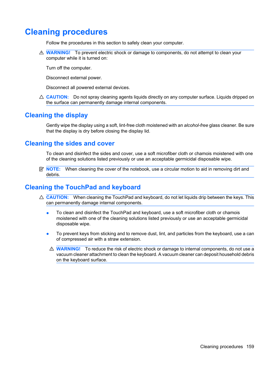Cleaning procedures, Cleaning the display, Cleaning the sides and cover | Cleaning the touchpad and keyboard | HP ProBook 6555b Notebook-PC User Manual | Page 169 / 175