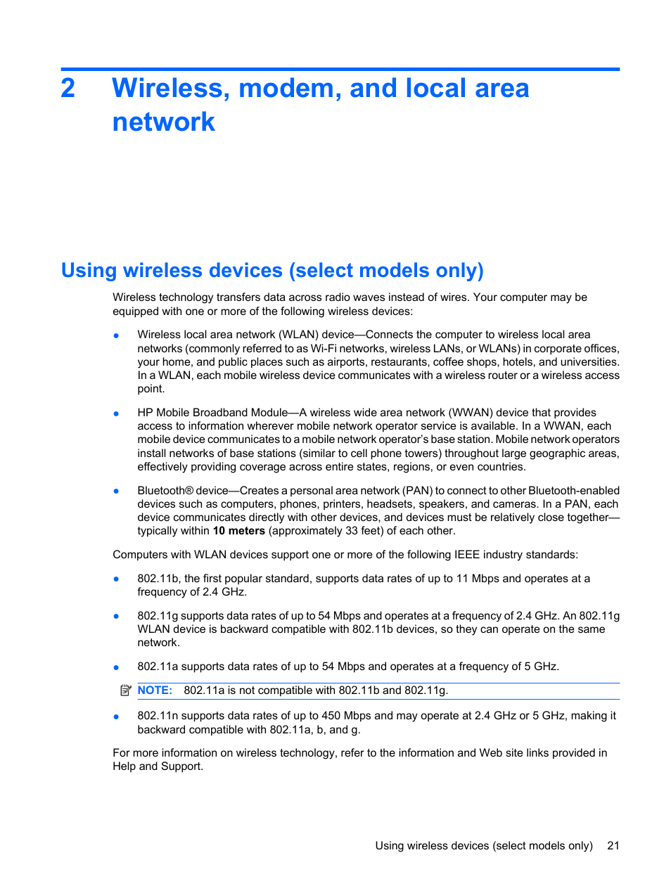 Wireless, modem, and local area network, Using wireless devices (select models only), 2 wireless, modem, and local area network | 2wireless, modem, and local area network | HP ProBook 6555b Notebook-PC User Manual | Page 31 / 175