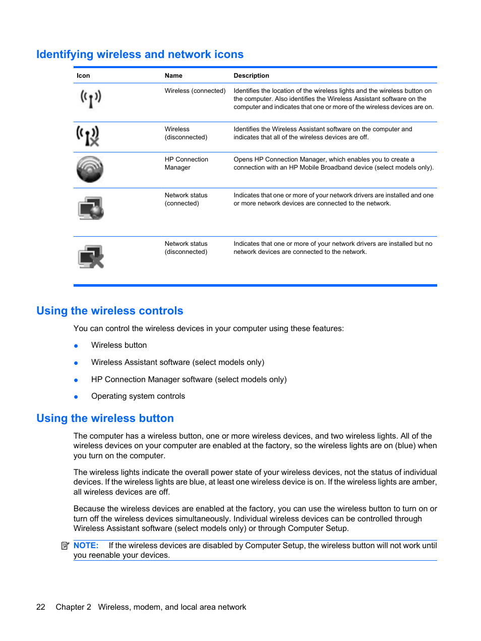 Identifying wireless and network icons, Using the wireless controls, Using the wireless button | HP ProBook 6555b Notebook-PC User Manual | Page 32 / 175