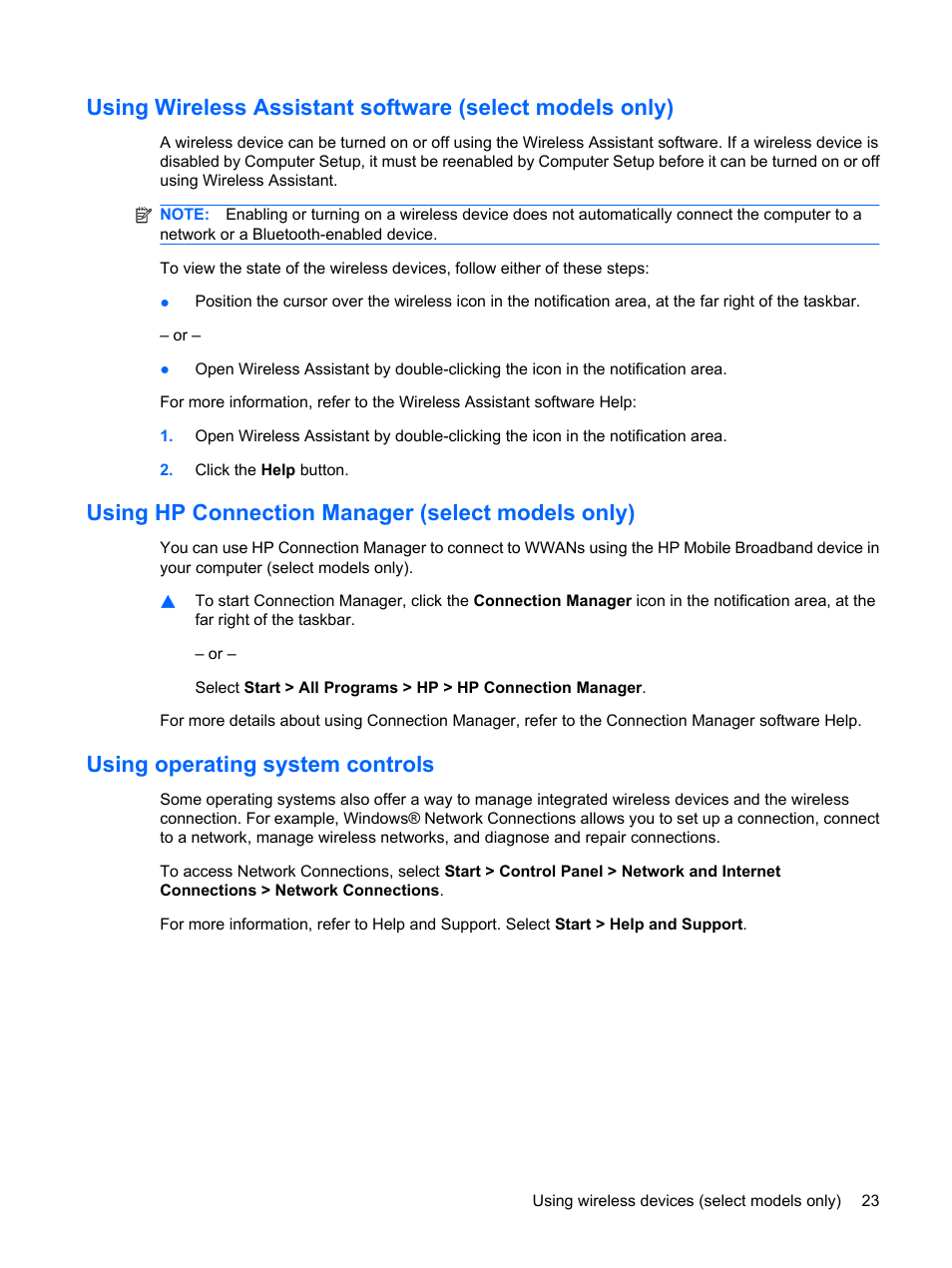 Using hp connection manager (select models only), Using operating system controls | HP ProBook 6555b Notebook-PC User Manual | Page 33 / 175
