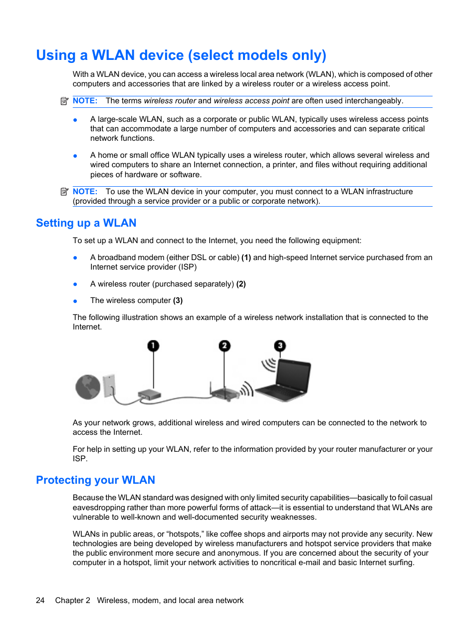 Using a wlan device (select models only), Setting up a wlan, Protecting your wlan | Setting up a wlan protecting your wlan | HP ProBook 6555b Notebook-PC User Manual | Page 34 / 175