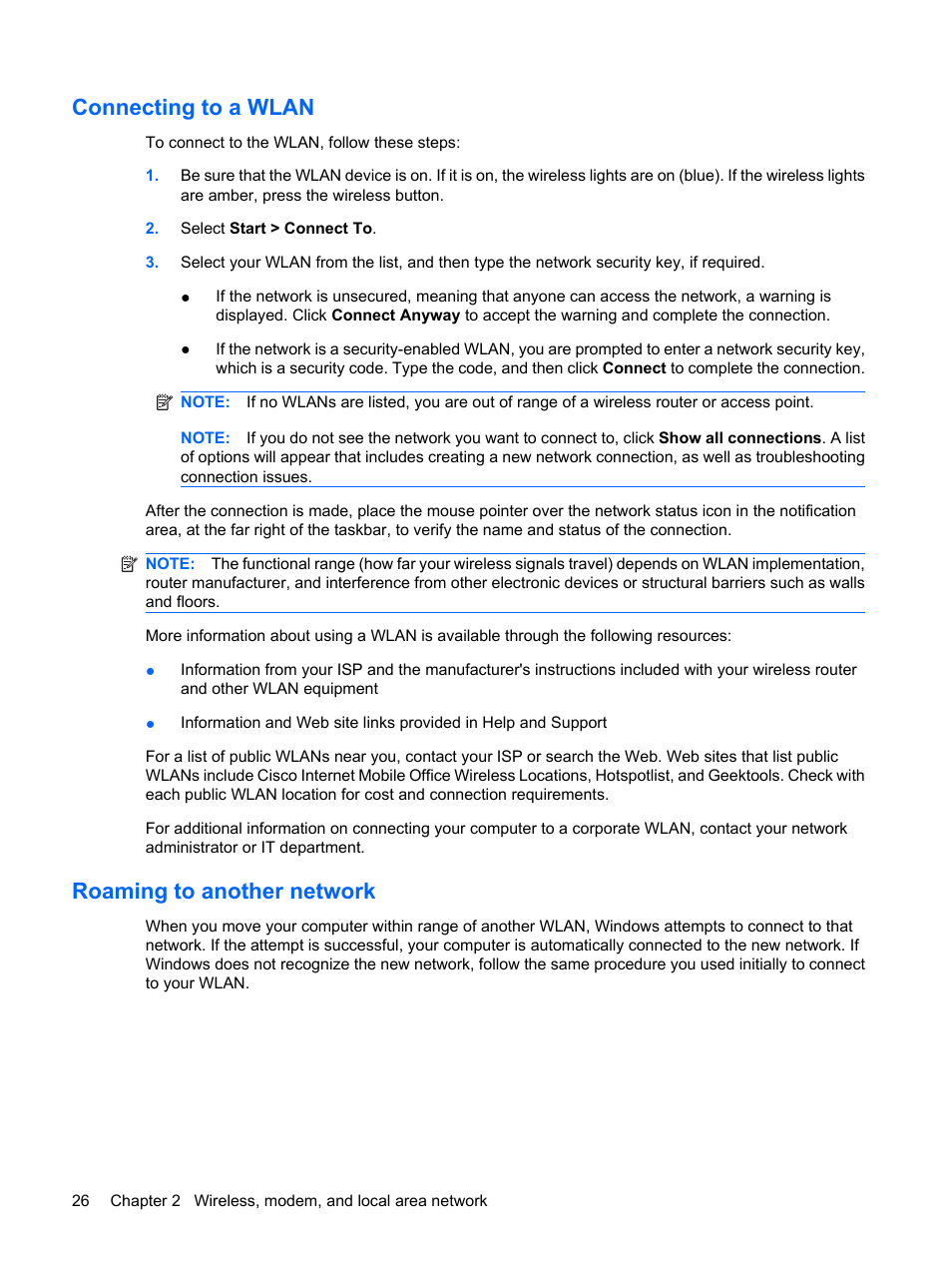 Connecting to a wlan, Roaming to another network, Connecting to a wlan roaming to another network | HP ProBook 6555b Notebook-PC User Manual | Page 36 / 175