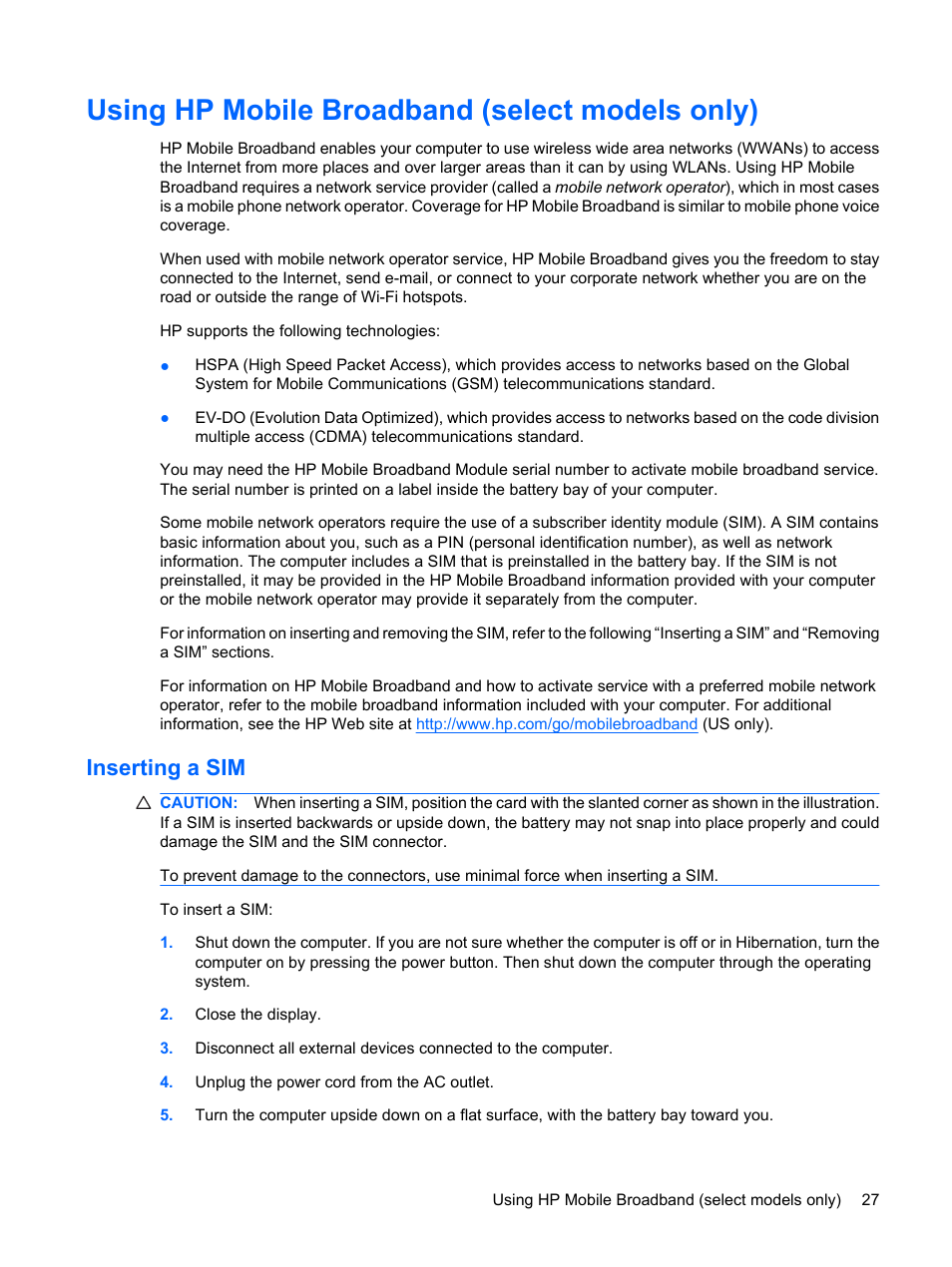 Using hp mobile broadband (select models only), Inserting a sim | HP ProBook 6555b Notebook-PC User Manual | Page 37 / 175