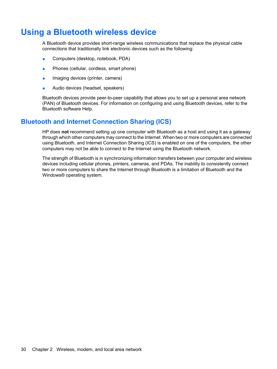 Using a bluetooth wireless device, Bluetooth and internet connection sharing (ics) | HP ProBook 6555b Notebook-PC User Manual | Page 40 / 175