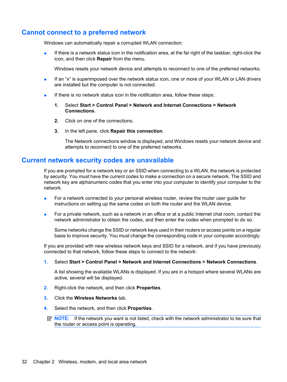 Cannot connect to a preferred network, Current network security codes are unavailable | HP ProBook 6555b Notebook-PC User Manual | Page 42 / 175