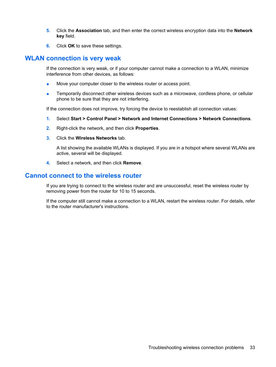 Wlan connection is very weak, Cannot connect to the wireless router | HP ProBook 6555b Notebook-PC User Manual | Page 43 / 175