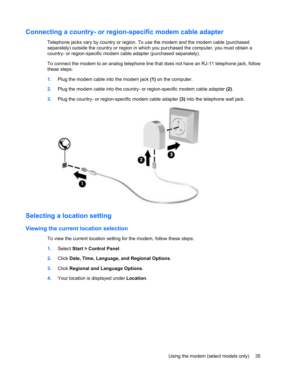 Selecting a location setting, Viewing the current location selection | HP ProBook 6555b Notebook-PC User Manual | Page 45 / 175