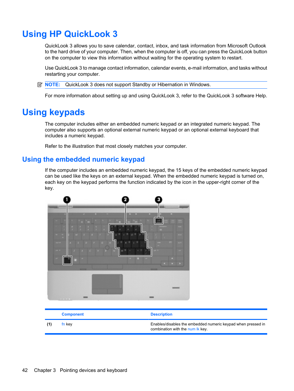 Using hp quicklook 3, Using keypads, Using the embedded numeric keypad | Using hp quicklook 3 using keypads | HP ProBook 6555b Notebook-PC User Manual | Page 52 / 175