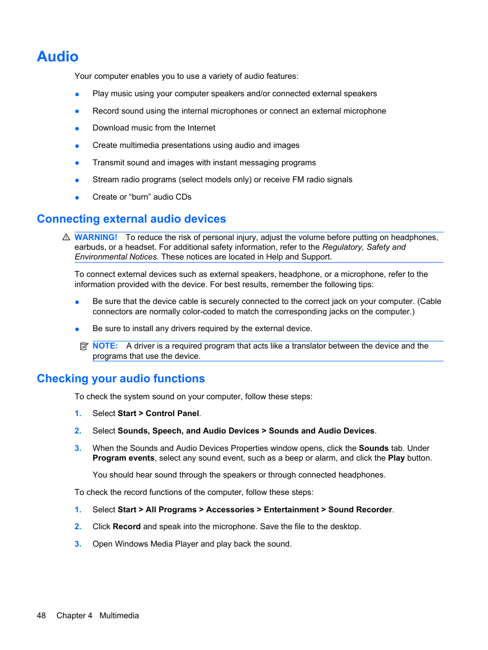 Audio, Connecting external audio devices, Checking your audio functions | HP ProBook 6555b Notebook-PC User Manual | Page 58 / 175