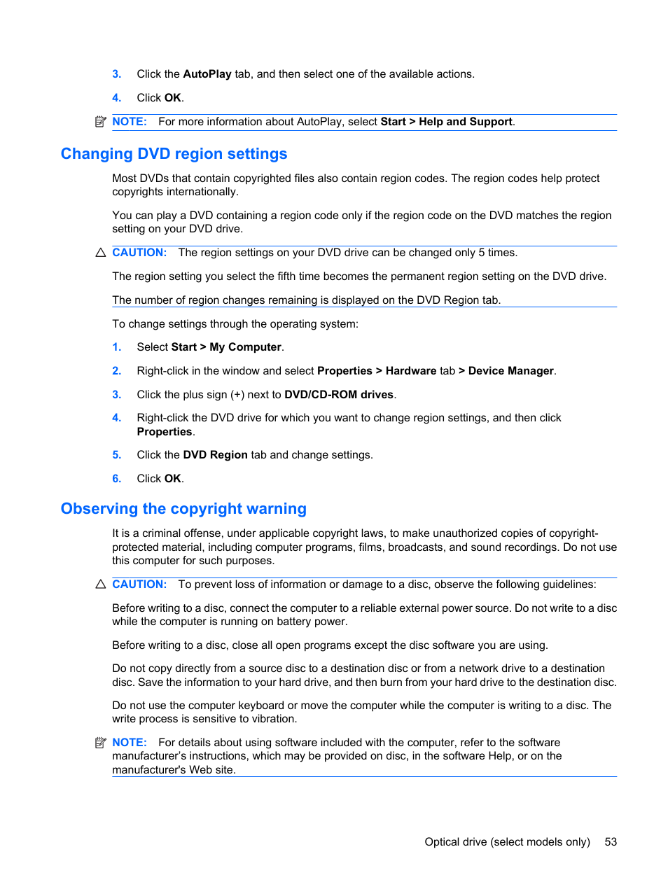 Changing dvd region settings, Observing the copyright warning | HP ProBook 6555b Notebook-PC User Manual | Page 63 / 175