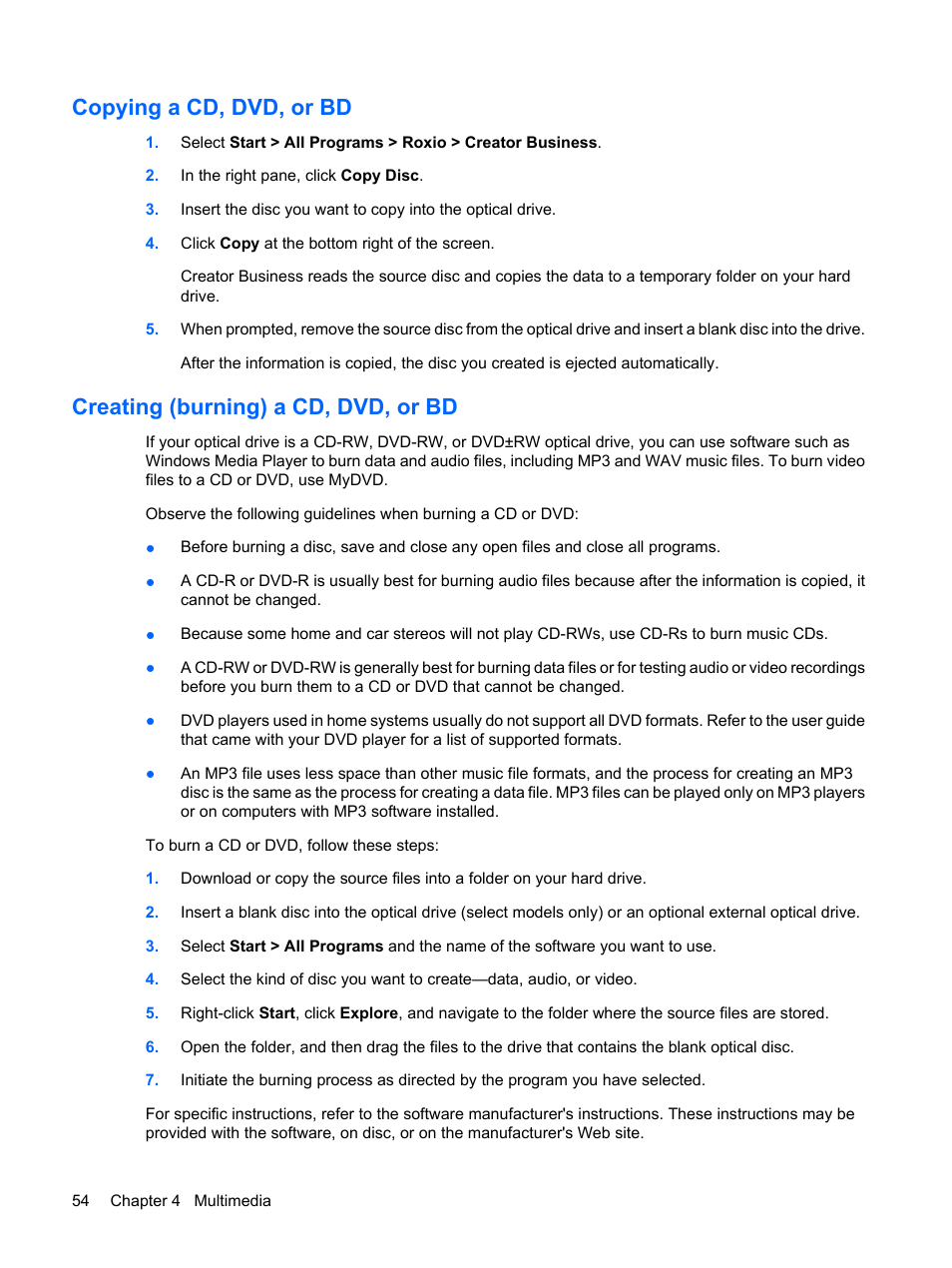 Copying a cd, dvd, or bd, Creating (burning) a cd, dvd, or bd | HP ProBook 6555b Notebook-PC User Manual | Page 64 / 175