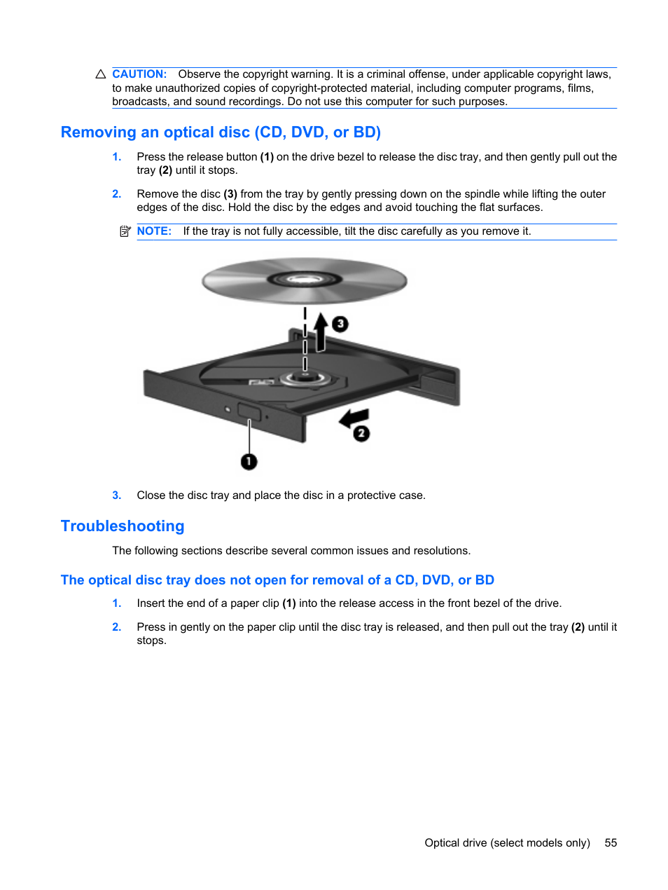 Removing an optical disc (cd, dvd, or bd), Troubleshooting | HP ProBook 6555b Notebook-PC User Manual | Page 65 / 175